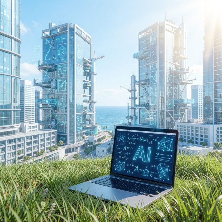 IT-Transformation heute Laptop mit AI vor zwei Unternehmens-Towern